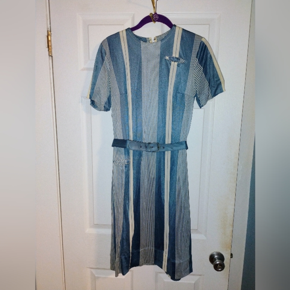 Blue and White Striped Dress with Belt